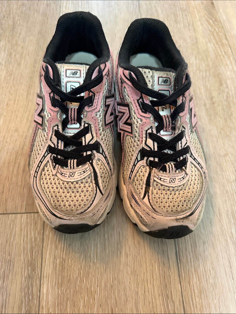 New Balance Kids Pink and Cream Running Sneakers with Black Accents